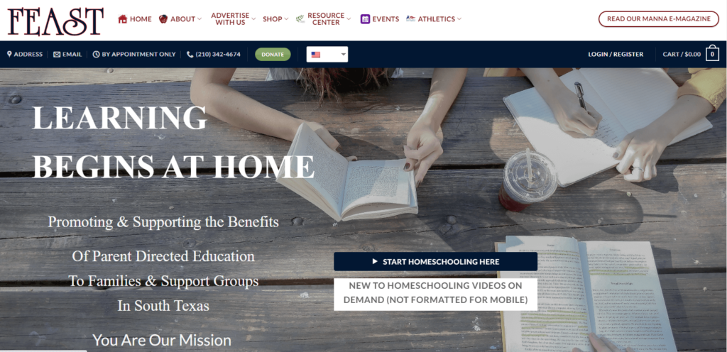 Homepage of FEAST Homeschool Resource Center 
Link: https://www.homeschoolfeast.com/