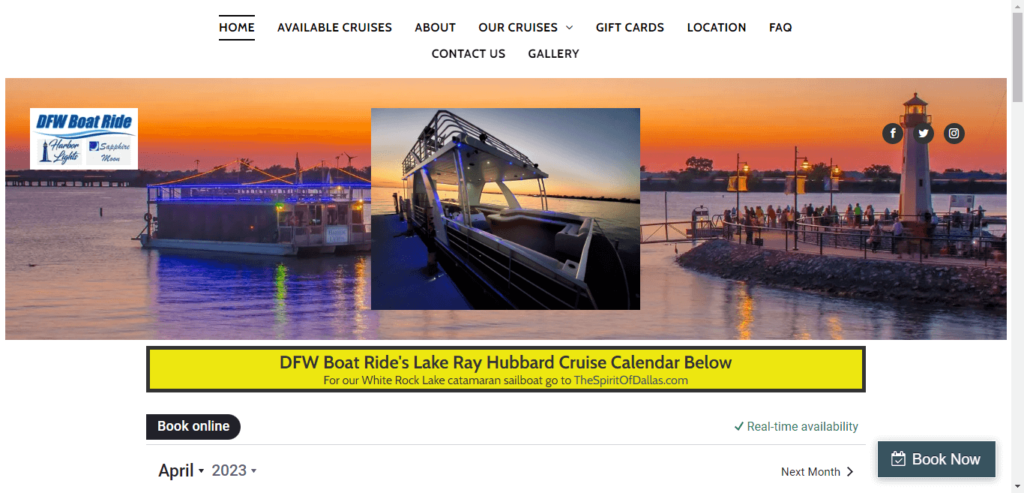Homepage of Harbor Lights and Cruises / dfwboatride.com.