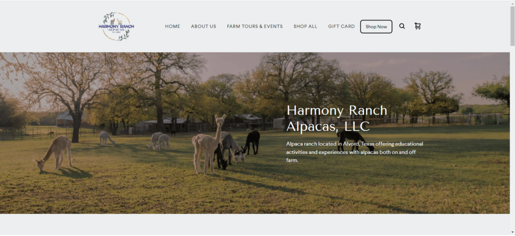 Homepage of  Harmony Ranch Alpacas Link: https://www.harmonyranchalpacas.com/