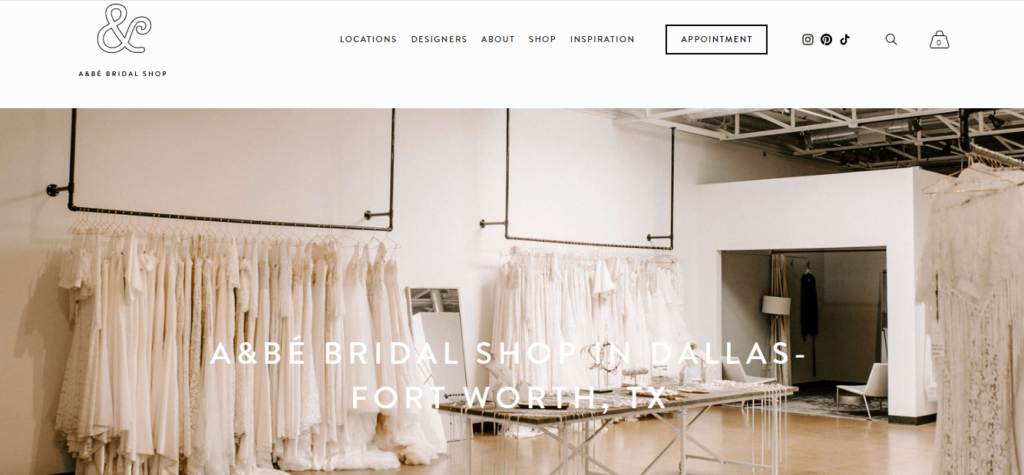 Homepage of A & BÉ Bridal Shop / 
Link: aandbebridalshop.com