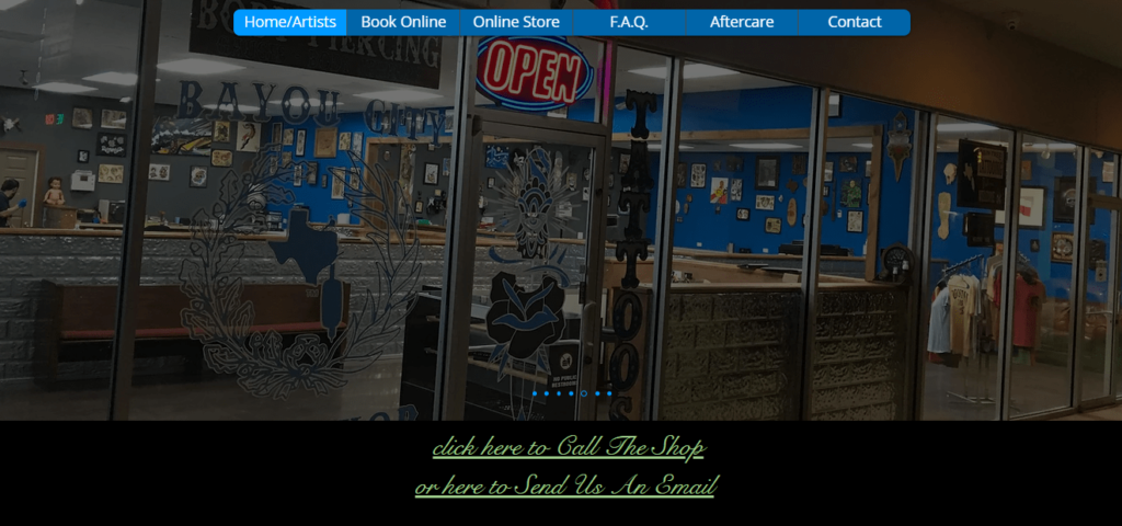 Homepage of Bayou City Body Shop & Tattoo Studio /
Link: bayoucitybodyshop.com