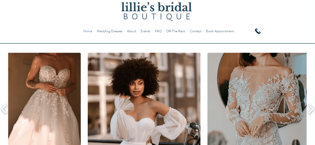 Homepage of Lillie's Bridal Boutique / Link: lilliesbridalboutique.com