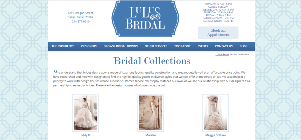 Homepage of LuLu's Bridal Boutique / Link: lulusbridal.com 