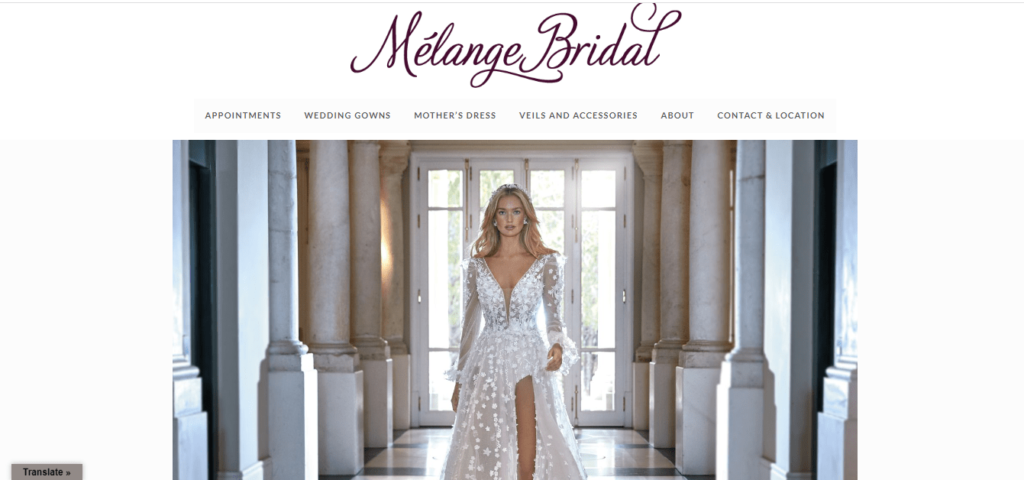 Homepage of Melange Bridal Shop / Link: melangebridal.com