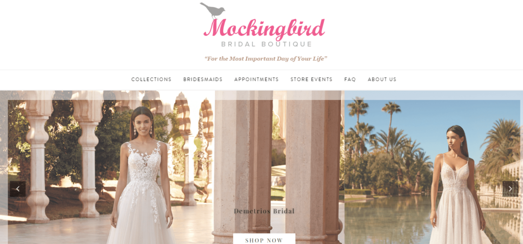 Homepage of Mockingbird Bridal Shop /
Link: mockingbirdbridal.com