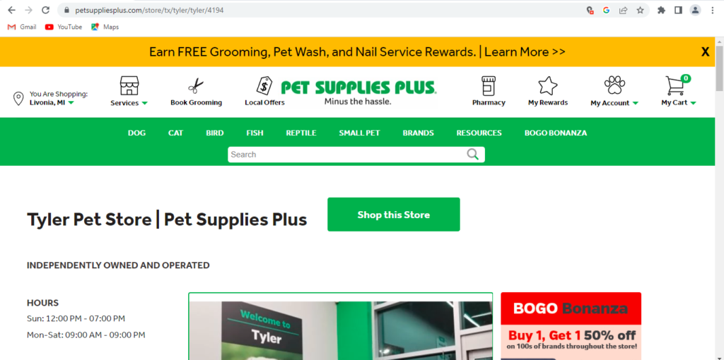 Homepage of Pet Supplies Plus Tyler
Link: https://www.petsuppliesplus.com/store/tx/tyler/tyler/4194