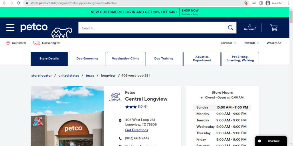 Homepage of Petco – Longview
Link: https://stores.petco.com/tx/longview/pet-supplies-longview-tx-446.html