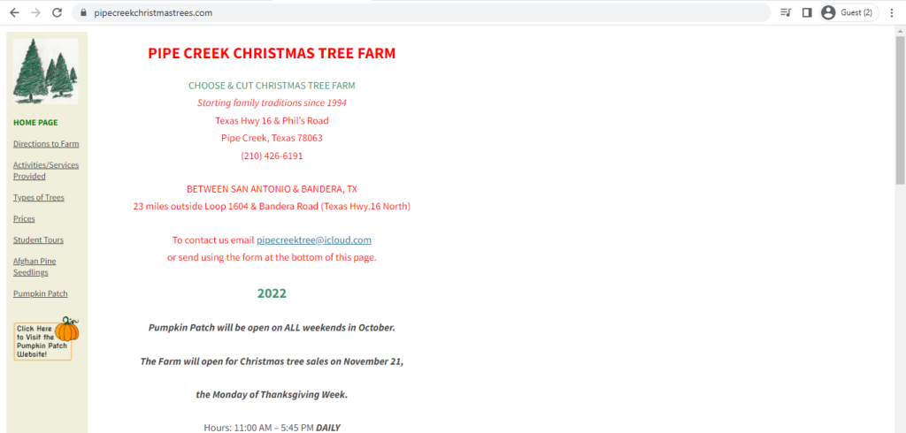 Homepage of Pipe Creek Tree Farm & Pumpkin Patch
Link: https://pipecreekchristmastrees.com/