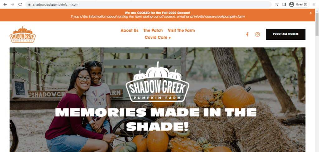 Homepage of Shadow Creek Pumpkin Farm
Link: https://shadowcreekpumpkinfarm.com/