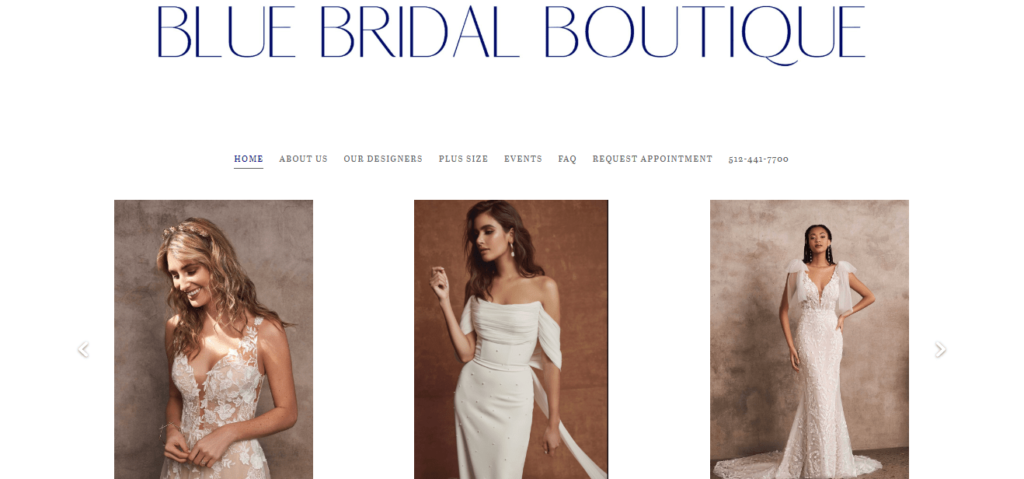 Homepage of Blue Bridal Boutique /
Link: bluebridalaustin.com