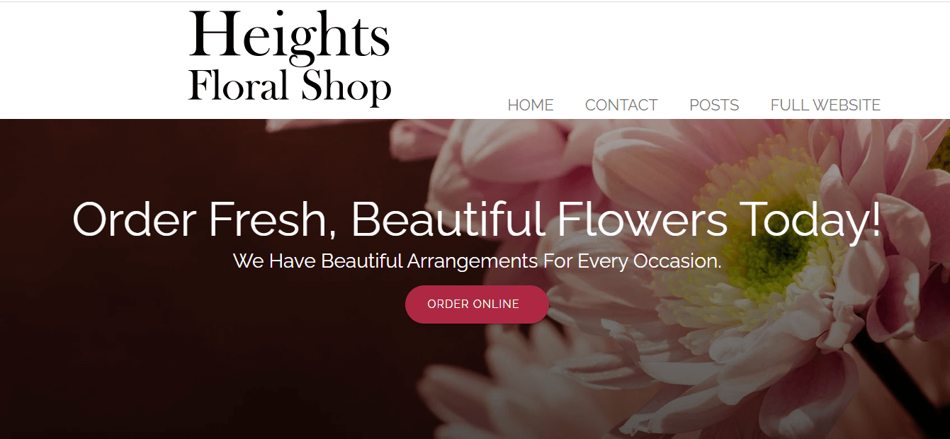 Homepage of Heights Floral Shop / Link: heightsfloralshophouston.com