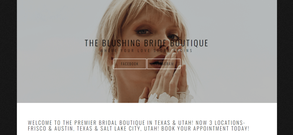 Homepage of Blushing Bride Boutique / Link: theblushingbrideboutique.com