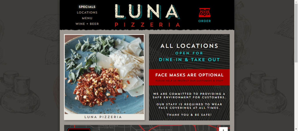 Homepage of Luna's Pizzeria / lunapizzeria.com.