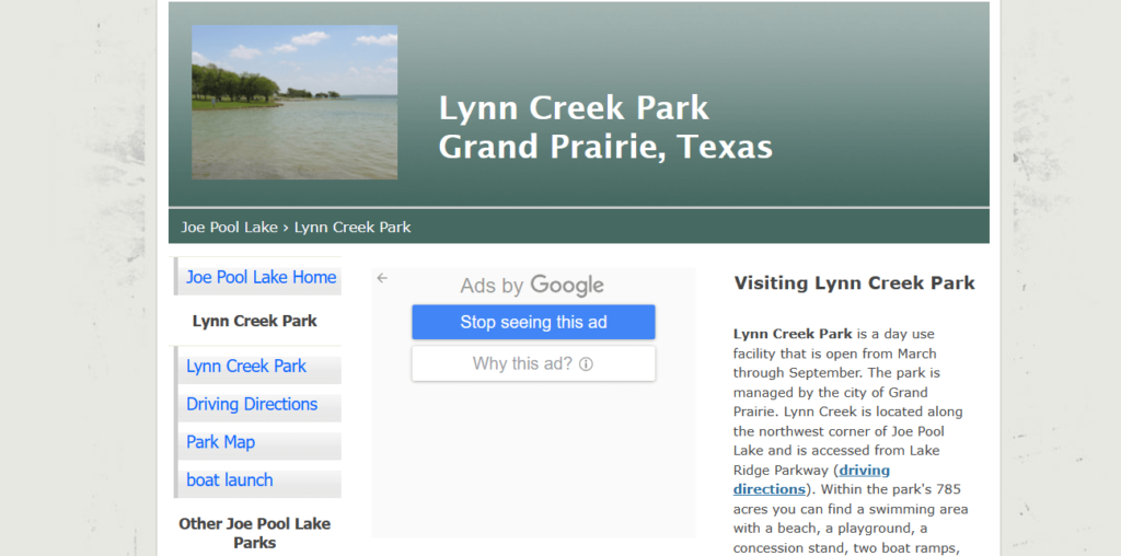 Homepage of Joe Poo Lake which constitutes Lynn Creek Park /
Link: joe-pool-lake.org