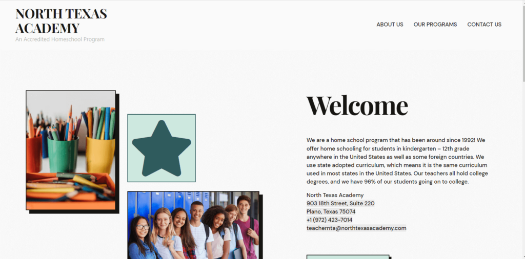 Homepage of North Texas Academy 
Link: https://northtexasacademy.com/