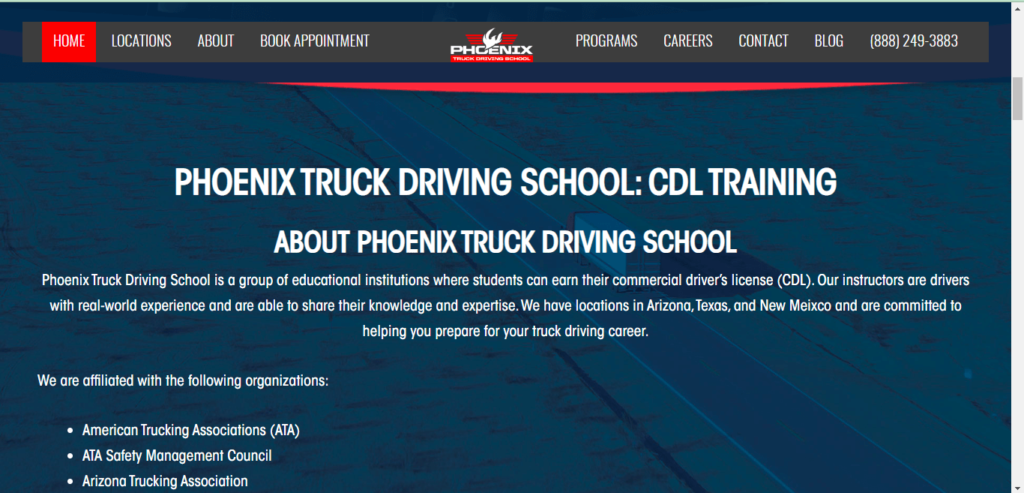 Homepage of Pheonix Driving School / phoenixtruckdrivingschool.com 