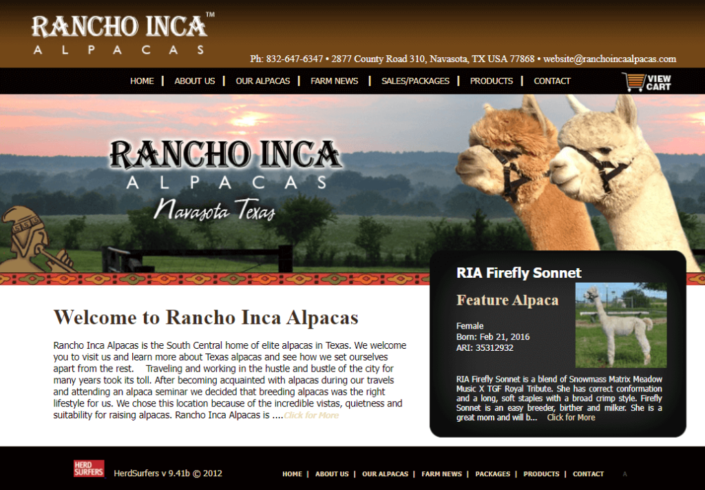 Homepage of Rancho Inca Alpacas 
Link:
 https://www.ranchoincaalpacas.com/ 