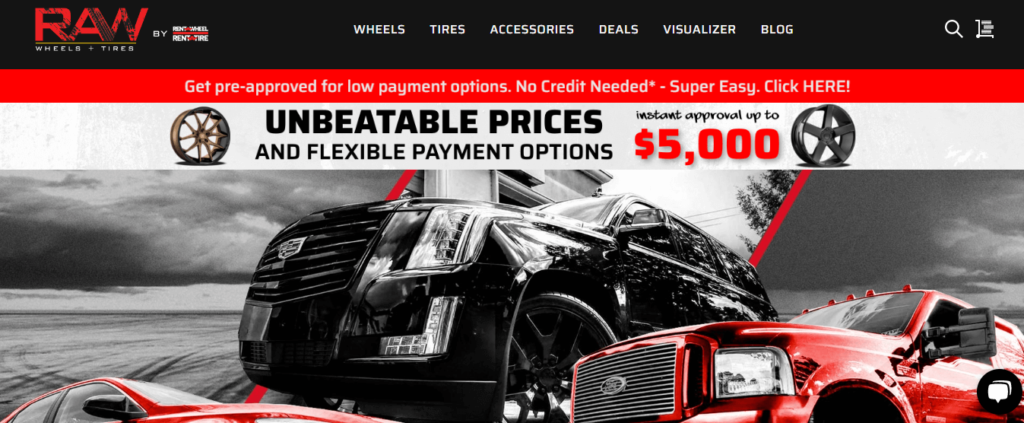 Homepage of RAW Wheels & Tires / Link: rentawheel.com