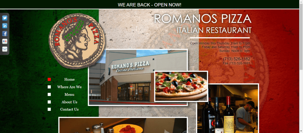 Homepage of Romano's Pizza / romanoshouston.com.