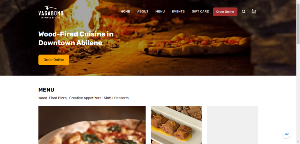 Homepage of Vagabond's Pizza / vagabondpizza.com.