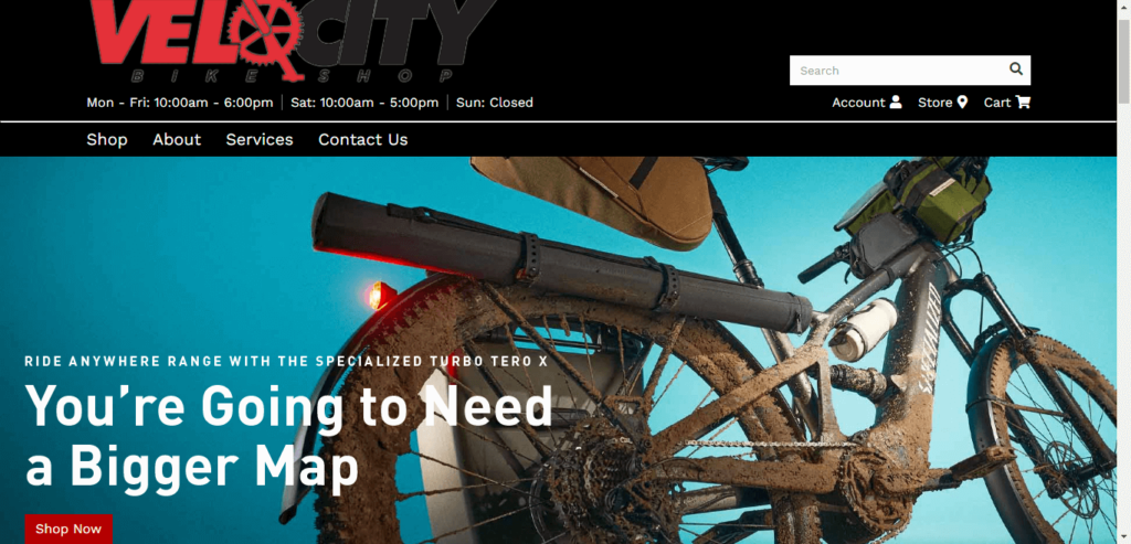 Homepage of Velocity Bike Shops / velocitybikeshop.net.