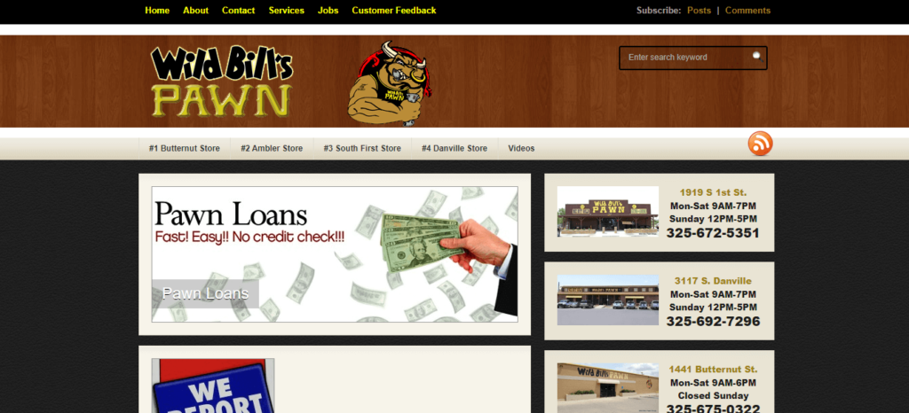 Homepage of Wild Bill's Pawn /
Link: wildbillspawnshops.com