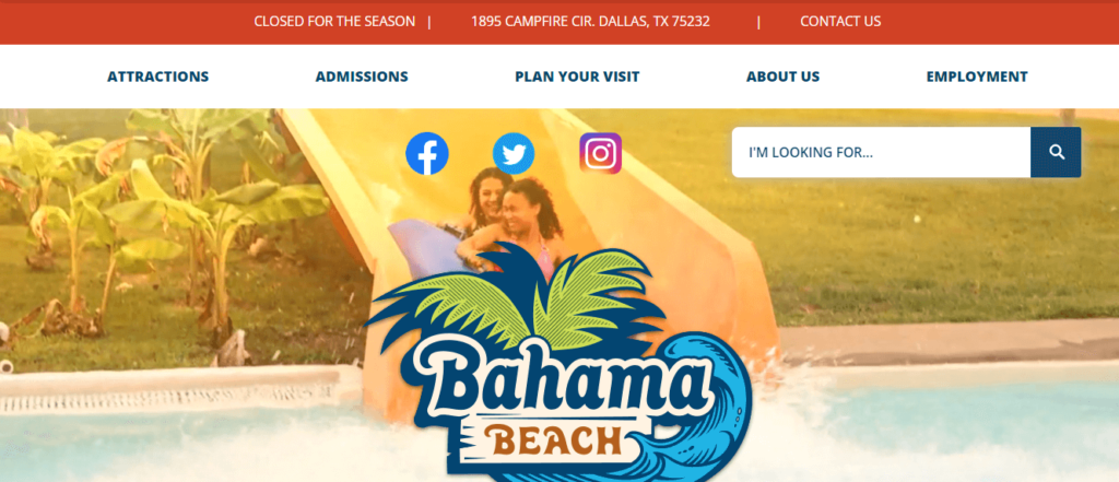 Homepage of Bahama Beach Waterpark / 
Link: bahamabeachdallas.com