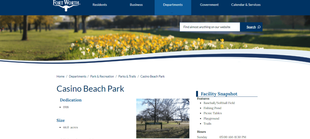 Homepage of Casino Beach Park /
Link: fortworthtexas.gov