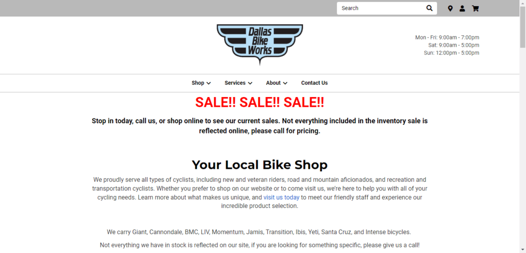 Homepage of Dallas Bike Shop / dallasbikeworks.com.