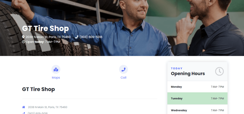Homepage of  GT Tire Shop /
Link: gt-tire-shop.edan.io