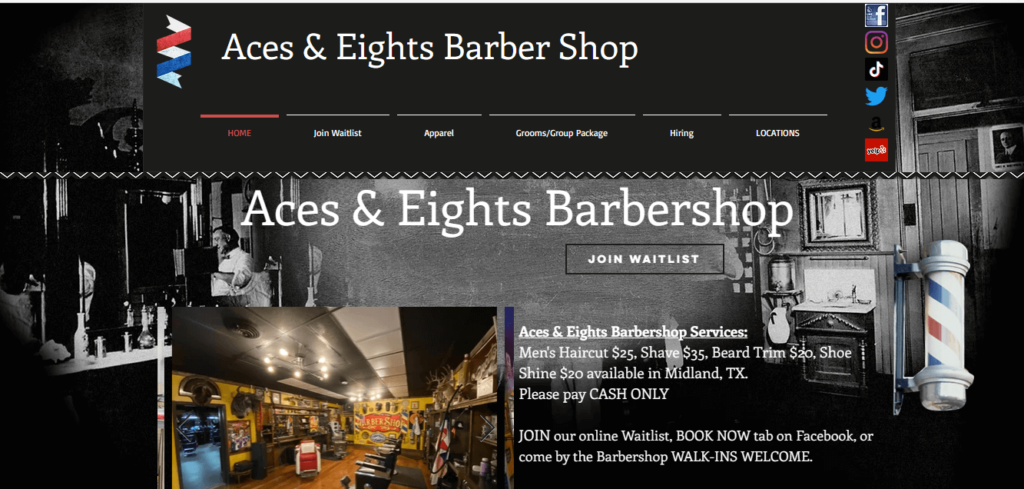 Homepage of Aces & Eights Barber Shop /
Link: barbershopmidland.com