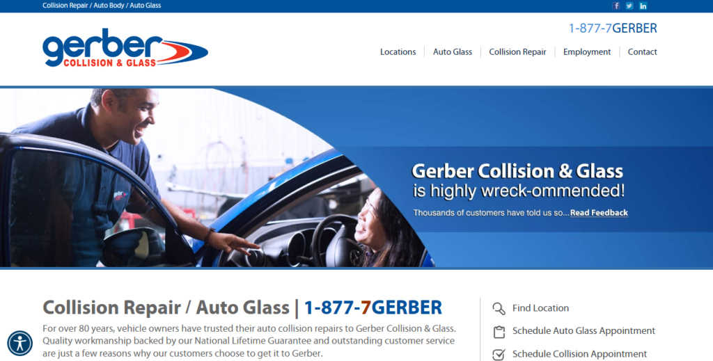 Homepage of Gerber Collision & Glass / Link: gerbercollision.com