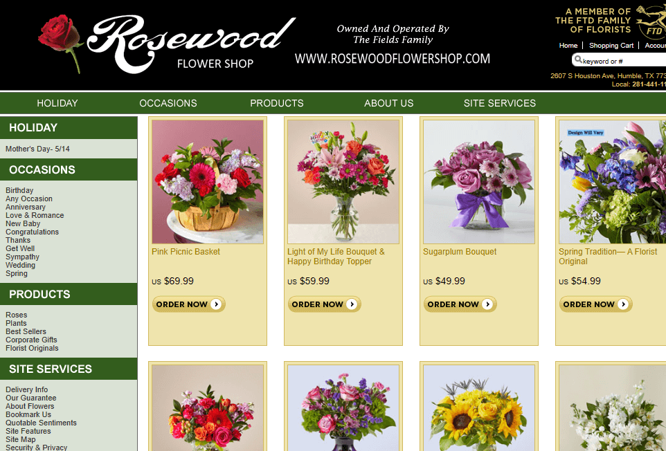 Homepage of Rosewood Flower Shop / Link: rosewoodflowershop.com