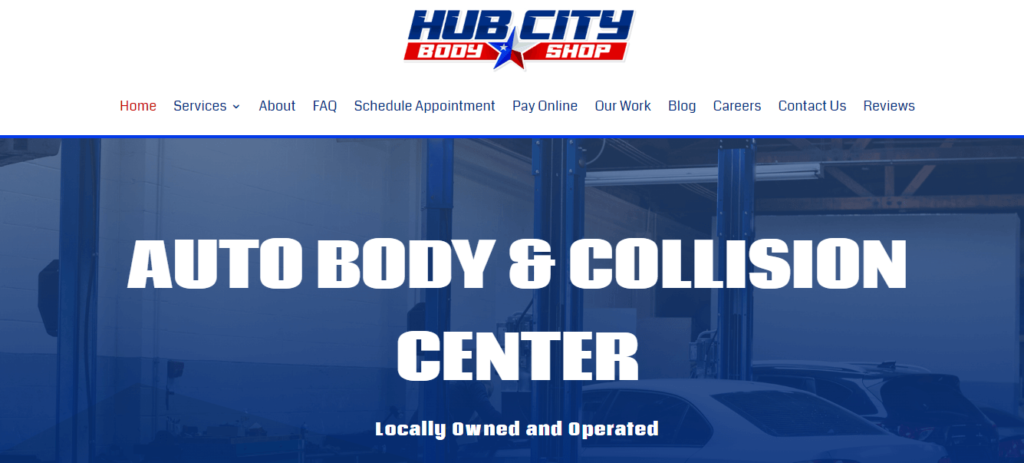 Homepage of Hub City Body Shop / Link: hubcitybodyshop.com