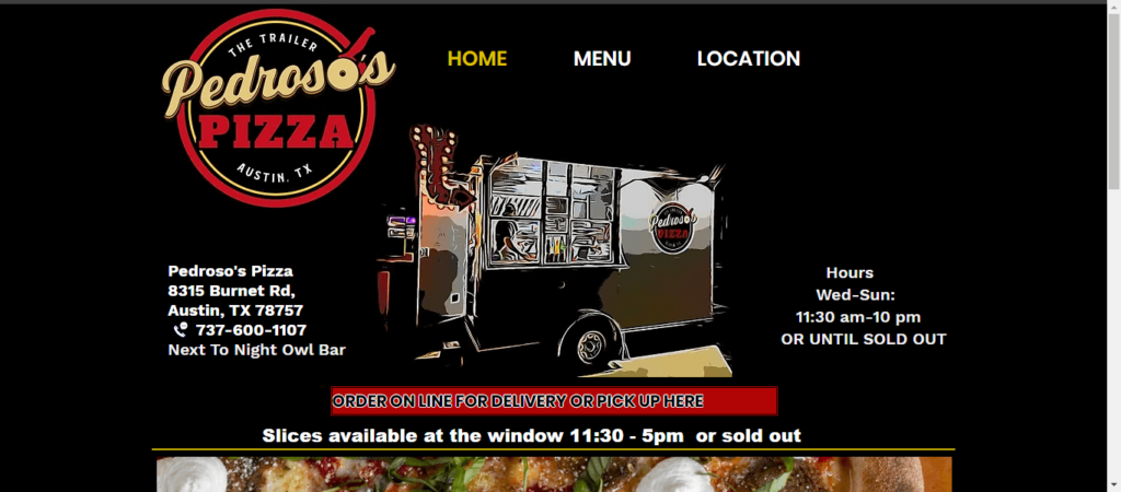 Homepage of Pedroso's Pizza / pedrosospizza.com.
