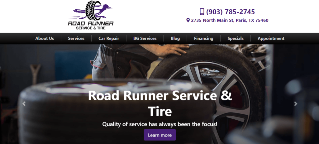 Homepage of Road Runner Service & Tire /
Link: roadrunnerserviceandtire.com