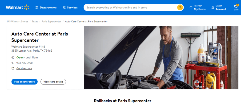 Homepage of Walmart Auto Care Centers /
Link: walmart.com
