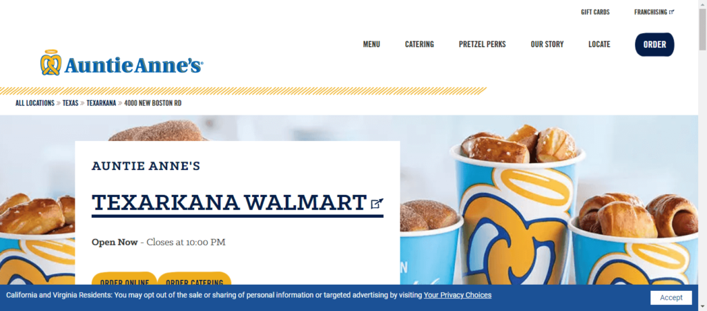 Homepage of Auntie Anne / locations.auntieannes.com.