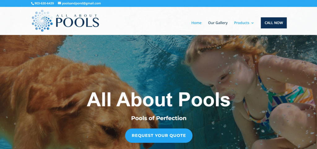 Homepage of All About Pools' website / poolsandpond.com