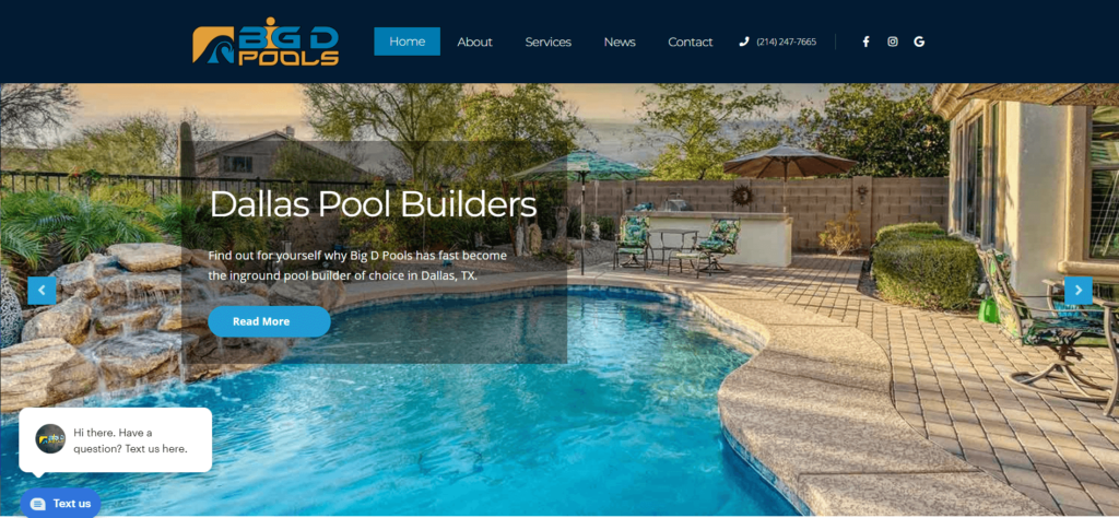 Homepage of Big D Pools website / bigdpools.com