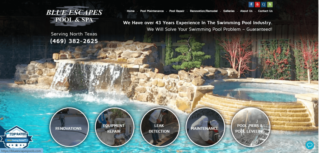 Homepage of Blue Escape Pools website / blueescapepools.com