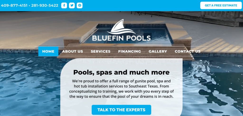 Homepage of Blue Fin Pools website / bluefinpoolstexas.com