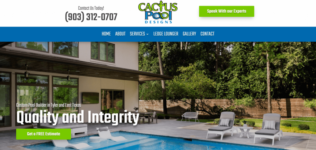 Homepage of Cactus Pool Designs' website / custompooltyler.com