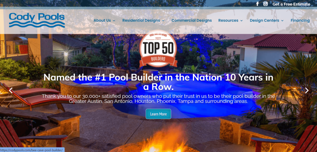 Homepage of Cody Pools website / codypools.com