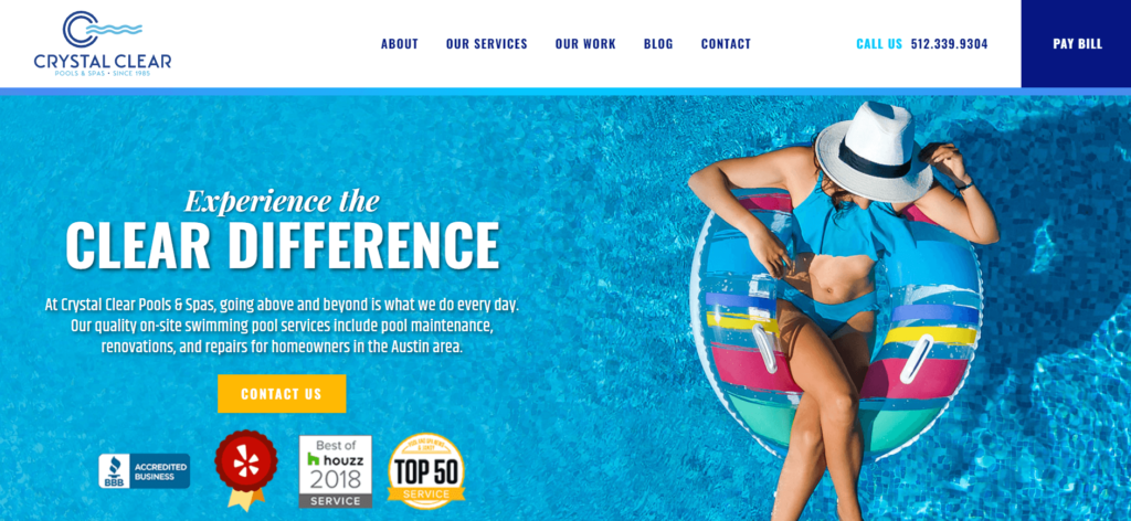 Homepage of Crystal Clear Pools and Spas' website / poolrelief.com