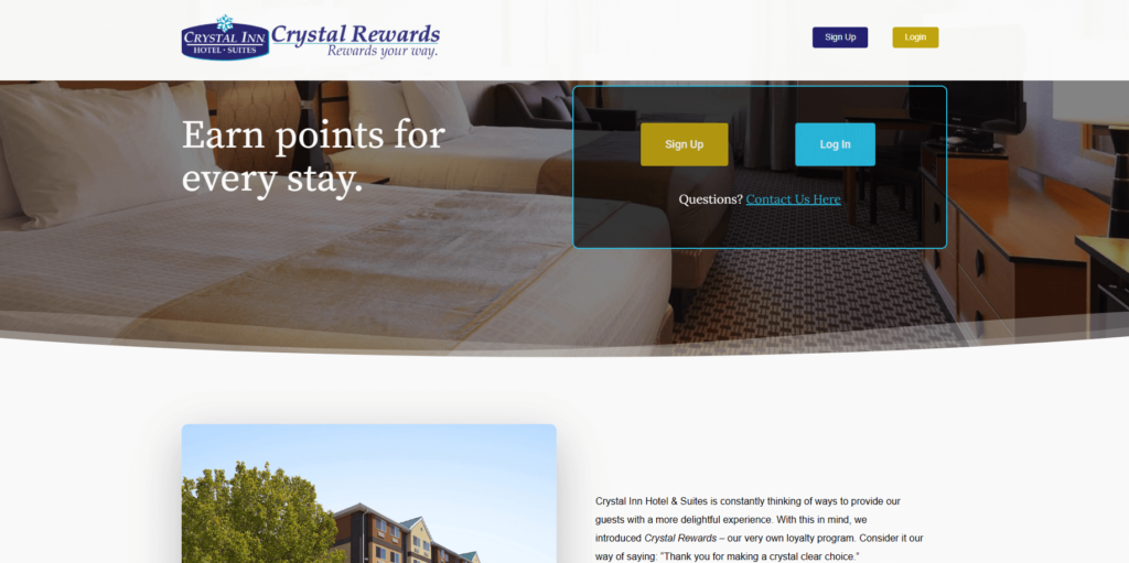 Homepage of Crystal Inn's website / www.mycrystalrewards.com