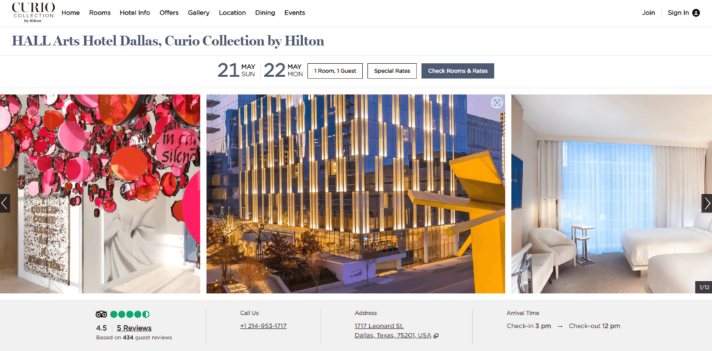 Homepage of HALL Arts Hotel Dallas' website / www.hilton.com