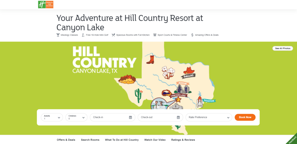 Homepage of Hill Country Resort at Canyon Lake's website / www.holidayinnclub.com