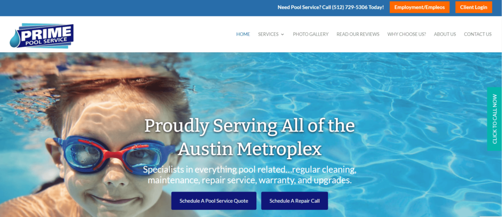 Homepage of Prime Pool Service's website / primepoolservice.com