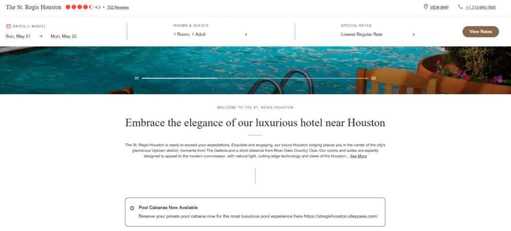 Homepage of The St. Regis Houston's website / www.marriott.com